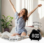 Twin Bell Alarm Clock, Cute Triangle Digital Alarm Clock, Bedside Loud Alarm Clocks for Heavy Sleepers Adults, Silent Desk Clock Battery Operated, Small Table Clock for Bedroom Living Room (Black)