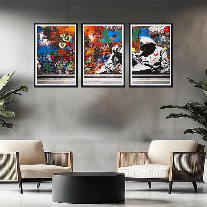Novatique Graffiti Canvas Wall Art Colorful Street Wall Art Cool Panting Framed Artwork for Teenager Room Office Decoration,24" x 36" x 3pcs