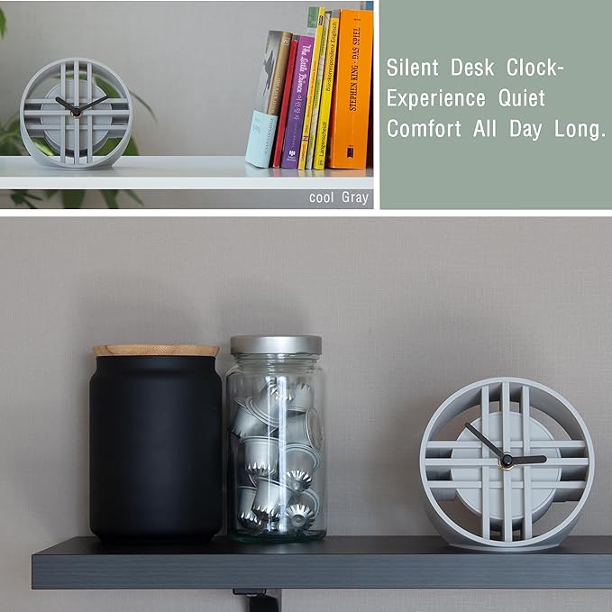AonT Design Modern Desk Clock (Korean Lattice Pattern) Silent Analog Minimalist – Made in Korea Decorative Shelf Clock for Table and Living Room Decor (Grey)