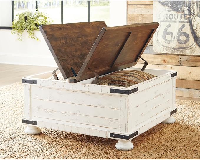 Signature Design by Ashley Wystfield Farmhouse Coffee Table with Storage, Hinged Lift Top, Wood, 36" W x 36" D x 18" H, Distressed White