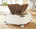 Signature Design by Ashley Wystfield Farmhouse Coffee Table with Storage, Hinged Lift Top, Wood, 36" W x 36" D x 18" H, Distressed White