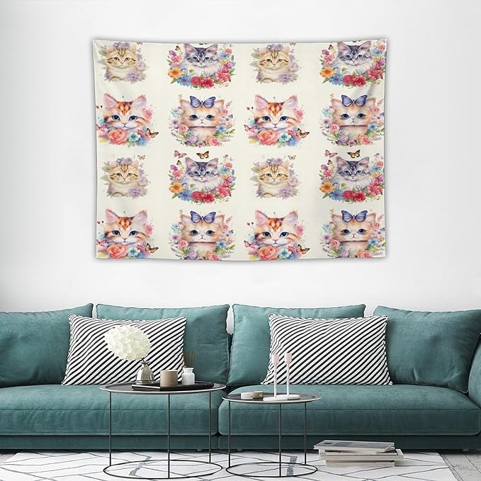 VUMIVI Watercolor Flower Cat Tapestry Colorful Cartoon Cute Animals Butterflies Abstract Art Print Tapestry Wall Hanging for Living Room Bedroom Dorm Classroom Aesthetic Decor W40xL30in