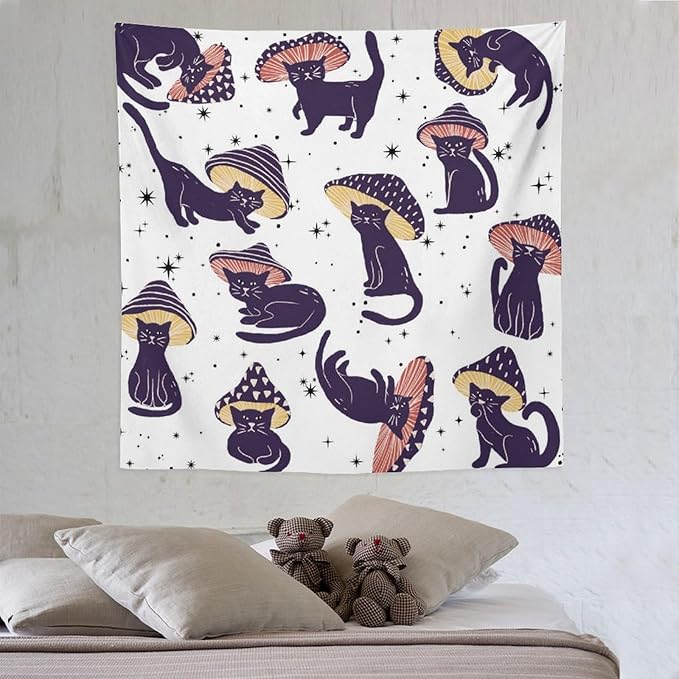 VUMIVI Funny Cat Mushroom Tapestry Retro 70s Hippie Style Cute Black Kitten Star Aesthetic Art Print Tapestry Wall Hanging for Living Room Bedroom Dorm Classroom Aesthetic Decor W60xL60in