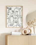 Abstract Face Pattern Wall Art Collage of Modern Faces Continuous Line Drawing 12x16 Inch Oak Wood Beige Framed Artistic Aesthetic Print for Living Room