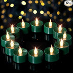 Green LED Candles, 12 Pack Tea Lights Candles Battery Operated, Flameless Tealight Candle, Realistic Tea Lights for Halloween Christmas Party Decor Mardi Gras