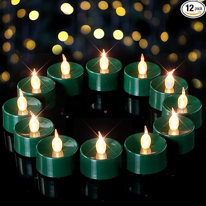 Green LED Candles, 12 Pack Tea Lights Candles Battery Operated, Flameless Tealight Candle, Realistic Tea Lights for Halloween Christmas Party Decor Mardi Gras