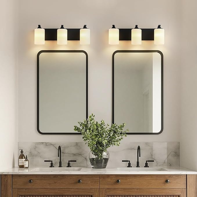 Bathroom Vanity Light Fixtures,3-Light Matte Black Bathroom Lighting Fixtures Over Mirror with Milk White Glass Shades Modern Farmhouse Vanity Lights Wall Sconces