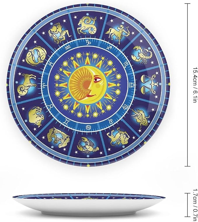Decorative Plates, Astrology Print Ornament, Horoscope Circle Sun Birth Zodiac Constellation, 10 Inch, 1 Plate with 1 Display Stand, Yellow Orange Dark Blue