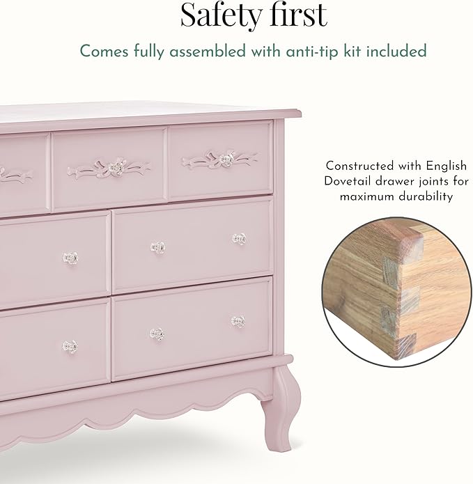 Evolur Aurora 7 Drawer Double Dresser, Dusty Rose