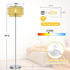 Luvkczc Crystal Floor Lamp Yellow, 64" Tall Elegant Standing Lamp with On-Off Foot Switch, Double-Layer Lampshade, Standing Lamps for Living Room, Bedroom, Office, 8W Bulb Included