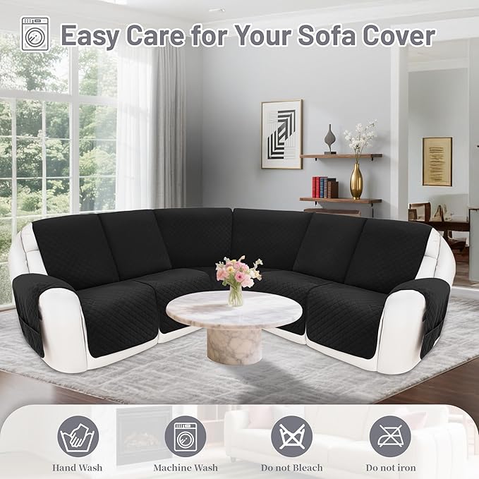 Reclining Sectional Couch Covers 100% Waterproof Velvet L Shape Recliner Couch Covers for Dogs Pets Washable Anti Slip Recliner Slipcovers with Pockets (5 Seat Sofa, Black)