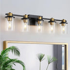 LOUSACE 5 Light Bathroom Vanity Light Black and Gold Bathroom Lighting Fixtures Over Mirror with Clear Glass, Brushed Gold Socket Wall Vanity Lighting Fixtures for Bedroom Living Room