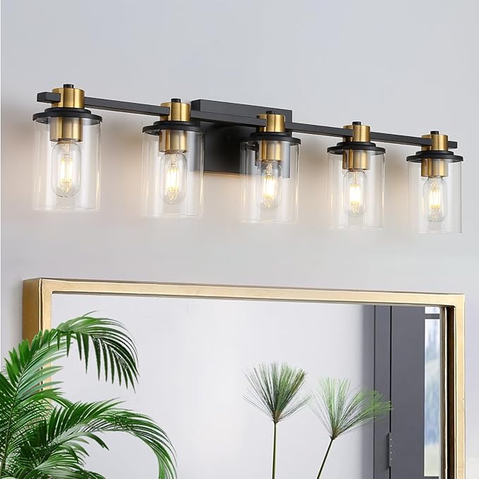 LOUSACE 5 Light Bathroom Vanity Light Black and Gold Bathroom Lighting Fixtures Over Mirror with Clear Glass, Brushed Gold Socket Wall Vanity Lighting Fixtures for Bedroom Living Room