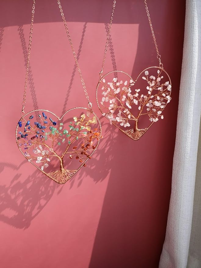 Jovivi Rose Quartz Heart Crystal Tree Hanging Ornament Healing Crystals Stones Gemstone Room Bedroom Wall Home Yoga Decor for Feng Shui Meditation Christmas Tree Ornament
