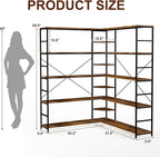 L Shaped Corner Bookshelf, 5 Tier Industrial Corner Shelf, Modenr Open Tall Bookcase with Curved Panel, Storage Display Shelf for Bedroom, Living Room & Home Office, Vintag