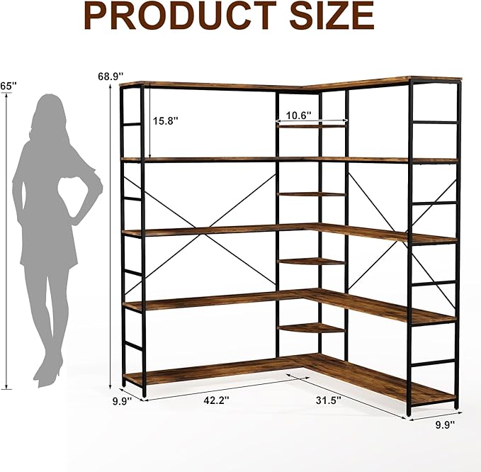 L Shaped Corner Bookshelf, 5 Tier Industrial Corner Shelf, Modenr Open Tall Bookcase with Curved Panel, Storage Display Shelf for Bedroom, Living Room & Home Office, Vintag