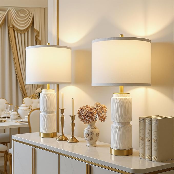 27" Faux Stone Boho Table Lamps Set of 2, Modern Lamps for Living Room with USB A+C Ports, Rustic Nightstand Table Lamps with Linen Shade for Bedroom, Living Room, Office (Bulb Included)