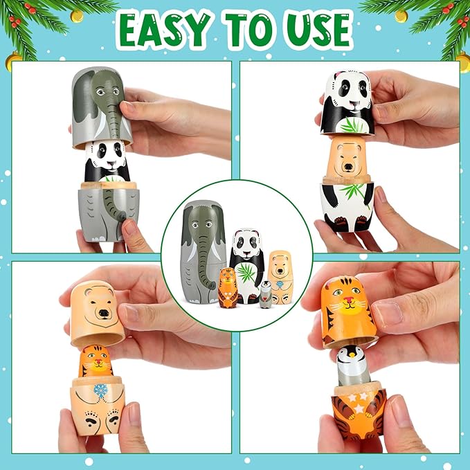 Gejoy Russian Nesting Dolls for Kids Handmade Matryoshka Wooden Stacking Toys Nesting Dolls Collectible Gifts for Winter Christmas Holiday Present Boys Girls Adults Home Decor(Elephant Animal)