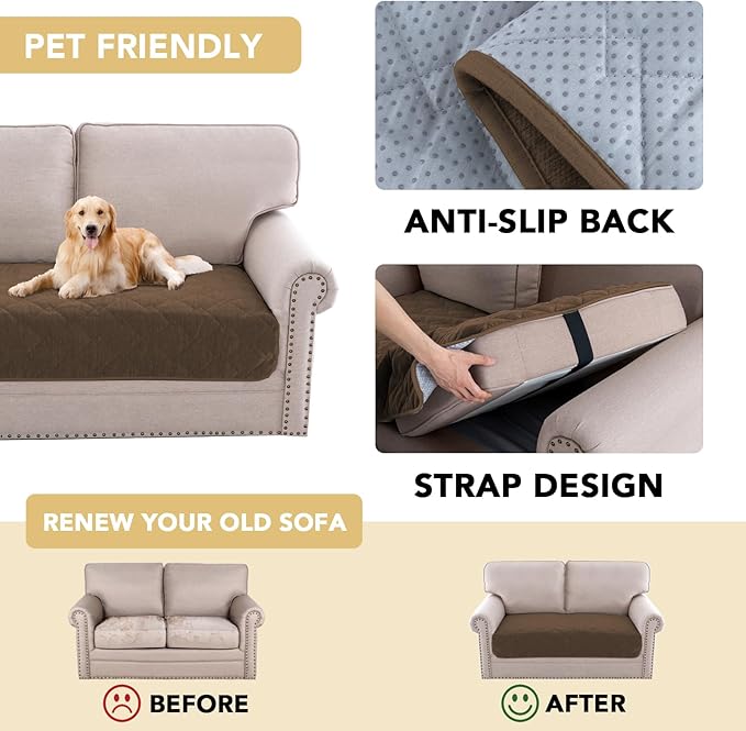 H.VERSAILTEX Couch Cover Chenille Pet Fuzzy Sofa Covers for 2 Cushion Couch Anti Slip Washable Sofa Slipcovers with Strap Soft Couch Protector Cover for Dogs Cats Kids(36" x 63",Coco Mocha)