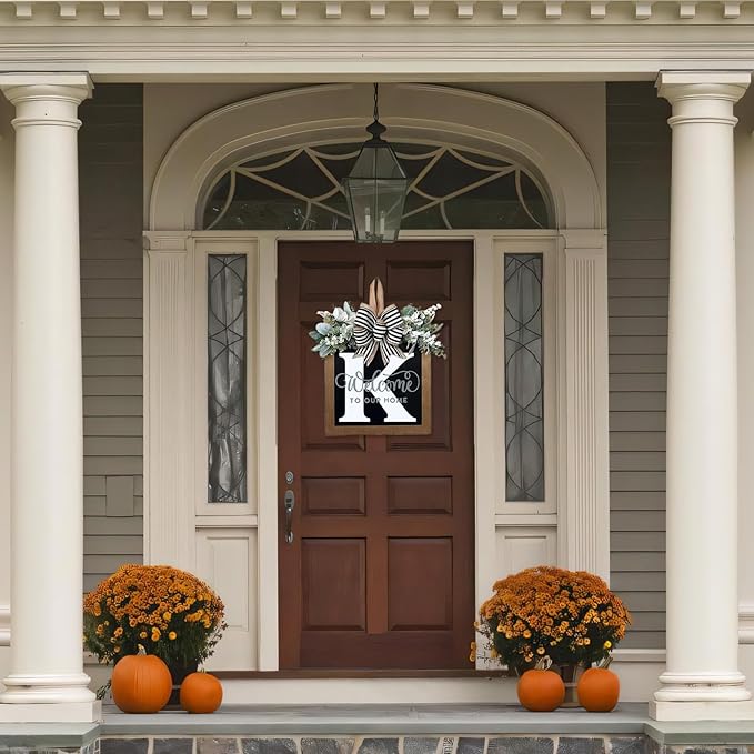 Ultra Large 14'' Last Name All Year Round Front Door Wreath with 26 Initial Letter Welcome Sign All Seasons Eucalyptus Garland and Bow Wreaths for Front Door Porch Farmhouse Decoration (K)