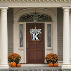 Ultra Large 14'' Last Name All Year Round Front Door Wreath with 26 Initial Letter Welcome Sign All Seasons Eucalyptus Garland and Bow Wreaths for Front Door Porch Farmhouse Decoration (K)