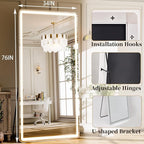 GLSLAND 34x76 inch Full Length Mirror with Lights - LED Full Body Mirrors Stepless Dimmable 3 Color Lighting Floor Standing Hanging for Bedroom Cloakroom,White