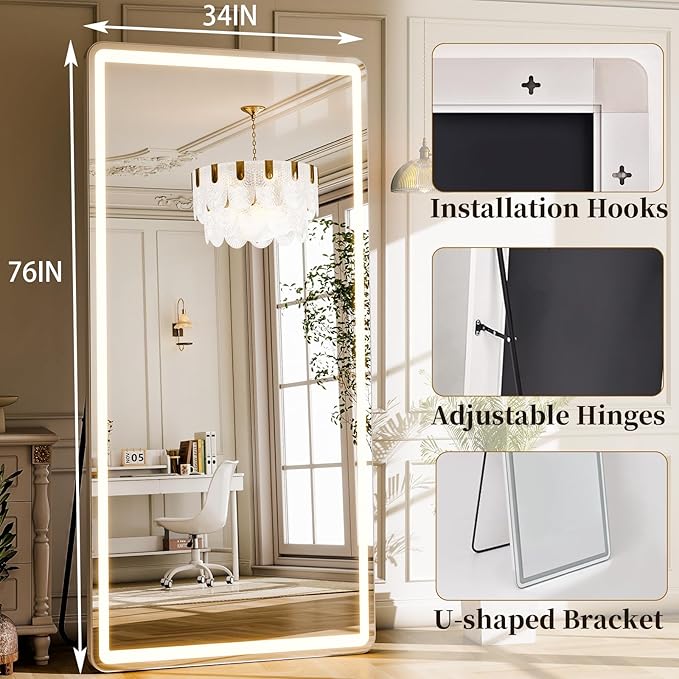 GLSLAND 34x76 inch Full Length Mirror with Lights - LED Full Body Mirrors Stepless Dimmable 3 Color Lighting Floor Standing Hanging for Bedroom Cloakroom,White