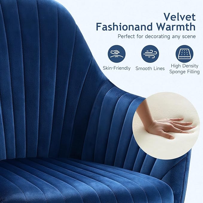 Warmiehomy Desk Chair, Velvet Office Chair for Home Office, Comfy Vanity Chair, Girl Cute Makeup Chair with Arm Rest for Bedroom Dressing Room, Dark Blue