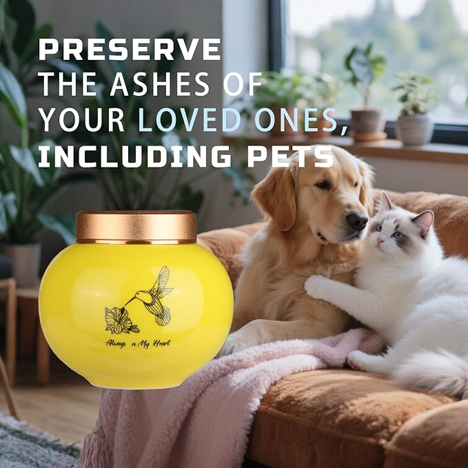 Ceramic Small Urn for Human Ashes Keepsake Mini Decorative Urn with Metal Threaded Lid Secure Seal for Adult or Pet Ashes - Yellow