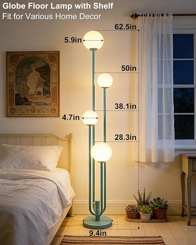 Lightdot Green Globe Floor Lamp 4-Lights Dimmable Floor Lamps 3000K Bulbs Included Unique Modern Standing Tall Lamp for Living Room/Bedroom