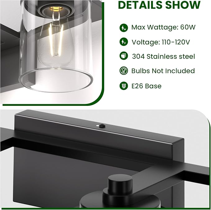 Bathroom Vanity Light Fixture, 4-Light Modern Black Vanity Light Fixtures with Clear Glass Shade, Matte Black Bathroom Light Fixtures Over Mirror, Rustic Restroom Lighting Fixtures