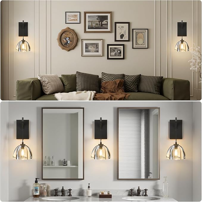 Crystal Brass Dome Wall Sconce - Luxury Matte Brushed Lighting Fixture with K9 Crystals Cloche - Set of 2 Modern Black Sconces - Dimmable Indoor Hanging Light for Bathroom Bedroom Living Room Stair