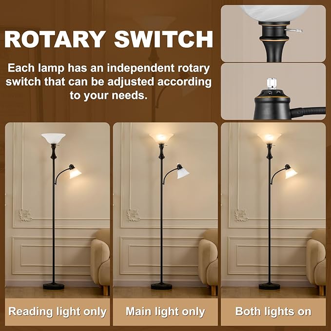 71'' Torchiere Floor Lamps for Living Room, Tall Floor Lamp for Bedroom with Adjustable Angle Arc Reading lamp, Modern Standing lamp with Glass Shade, Knob Switch, Bulb Included, Black