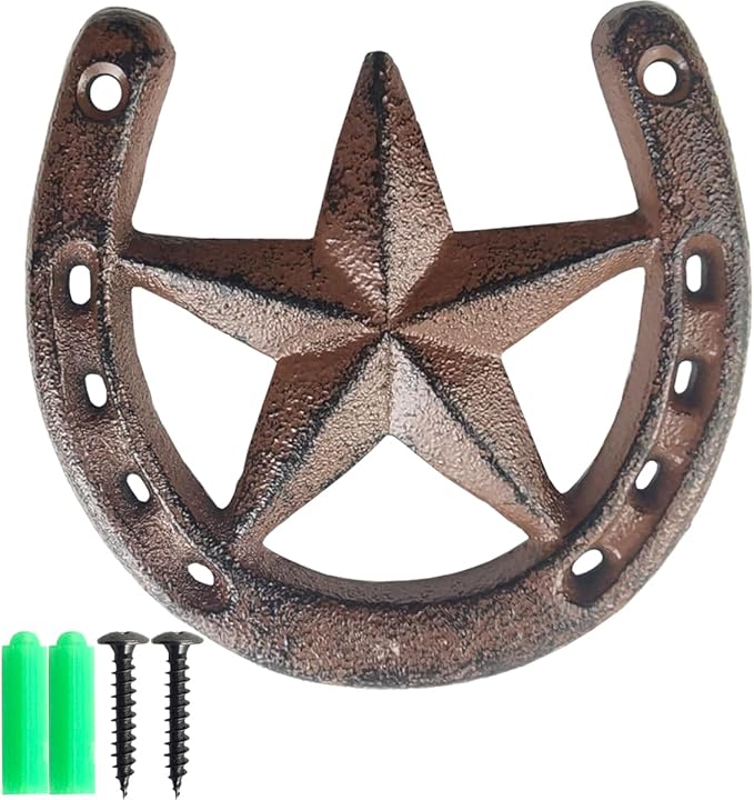 RONYOUNG Cast Iron Horseshoe with Star Wall Decor, Medium Horseshoe Durable Cast Iron for Indoor Or Outdoor
