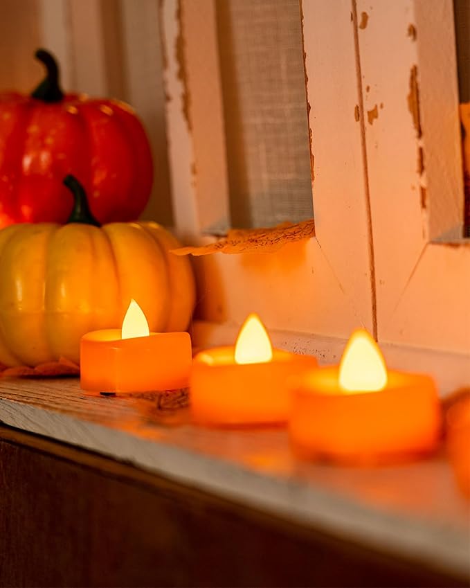 Halloween Flameless Candles, 12-Pack Orange Tea Lights Candles Battery Operated, LED Pumpkin Lights Flickering, Electric Fake Tealight Candles, 1.5'' D X 1.25'' H