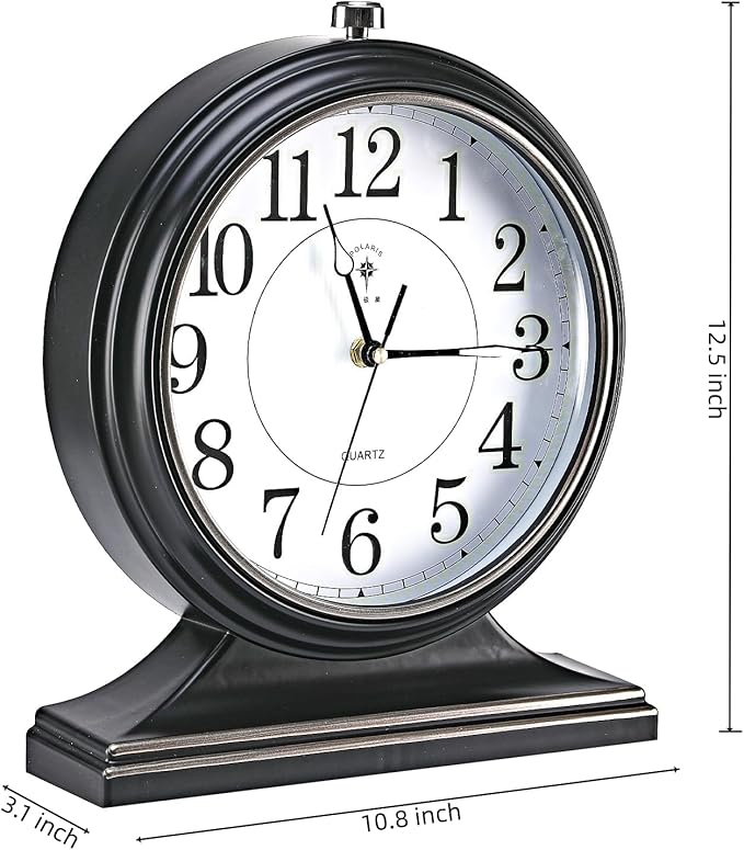 Retro Mantel Décor Desk Clock, 10-inch Vintage Table Clocks for Fireplace, Easy to Read Clocks for Living Room, Bedroom, Office, Desktop Decoration (Black)