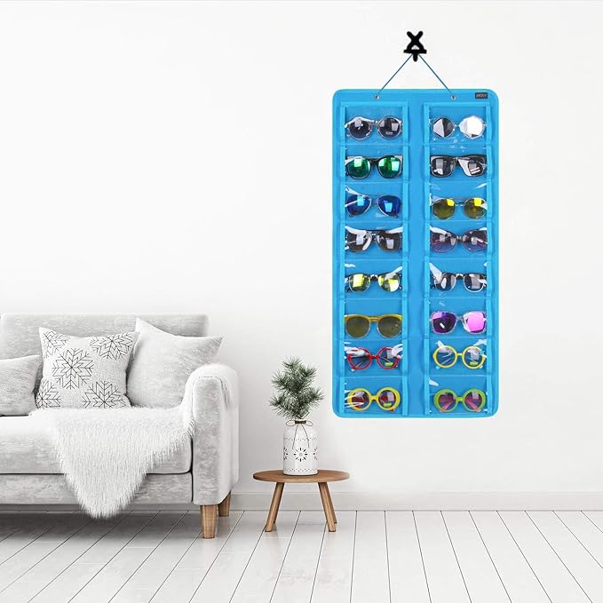 AROUY Sunglasses Organizer Storage, Hanging Dust Proof Wall Pocket Glasses Organizer - 16 Felt Slots Sunglass Organizers Holder with Metal Hook and Sturdy Rope (Dust Proof, Light Blue)