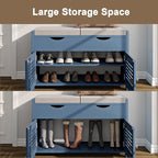 ChooChoo Shoe Storage Bench with Lift Top Storage, Entryway Bench with 2 Cushioned Seats, 3 Compartments, Adjustable Shelf, Shoe Cabinet for Entryway, Bedroom, Living Room, Blue