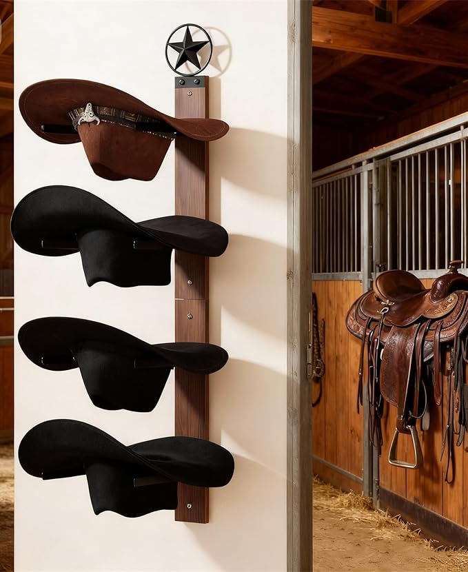 Cowboy Hat Rack for Wall – 2-Piece Western Hat Holder, Rustic Wooden & Metal Wall Mounted Cowboy Hat Organizer, Holds up to 4 Hats, Cowboy Room Decor & Storage Display Rack