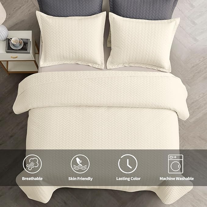 Maple&Stone Quilt Set Twin/Twin XL, Lightweight Off-White Bedspread Ultrasonic Chevron Pattern Light Coverlet for All Season Comforter Bedding Decor - 2 Piece Twin Extra Long Bed Cover Sets