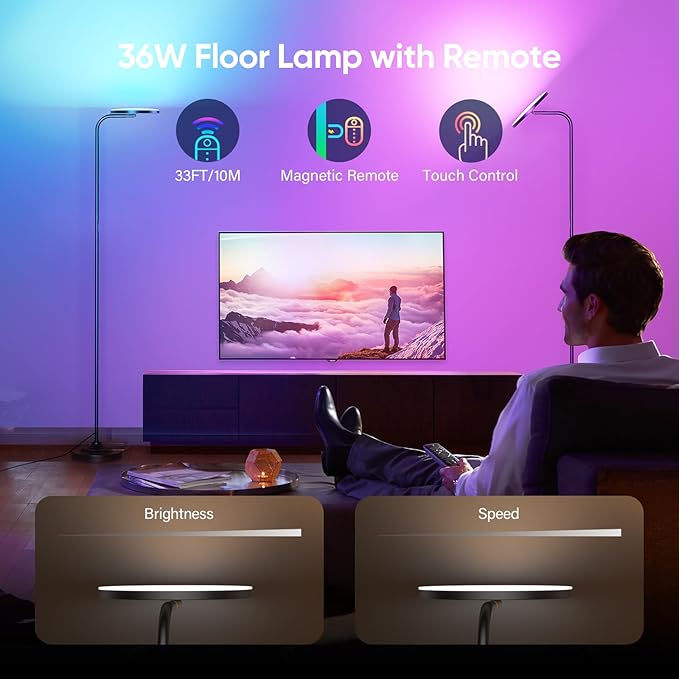 RGB Floor Lamp, 36W Bright LED Standing Lamp, Stepless Dimming Color Changing Torchiere Floor Lamps with Remote, 350°Rotating Modern Tall Floor Lamp for Living Room, Gaming Room