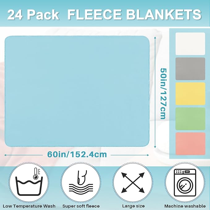 Newwiee 24 Pcs Fleece Throw Blankets Bulk 50'' x 60'' Oeko-tex Standard 100 Certified Spring Outdoor Wedding Guest Blankets Lightweight for Sleepover Donation Lap Pet Sofa Home (Pastel Colors)
