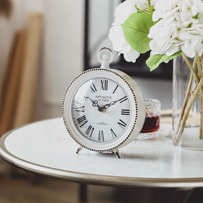 NIKKY HOME Vintage Table Clock with Handle, Shelf Desk Top Clock Battery Operated Rustic Design, Chic Home Decor for Fireplace Mantel, Desktop, Countertop, Distressed White