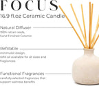 Blueme Focus Diffuser | Eucalyptus & Lime | 16.91 Fl Oz - Refillable Wellness Diffuser, Contains Essential Oil, Sustainable, Hand Finished, Premium, Luxury Ceramic, Natural Rattan Reeds | Large