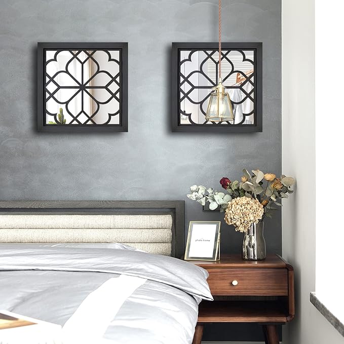 Wocred 2 PCS Square Wall Mirror,Gorgeous Rustic Farmhouse Accent Mirror,Black Entry Mirror for Bathroom Renovation,Bedrooms,Living Rooms and More(12”x12”)