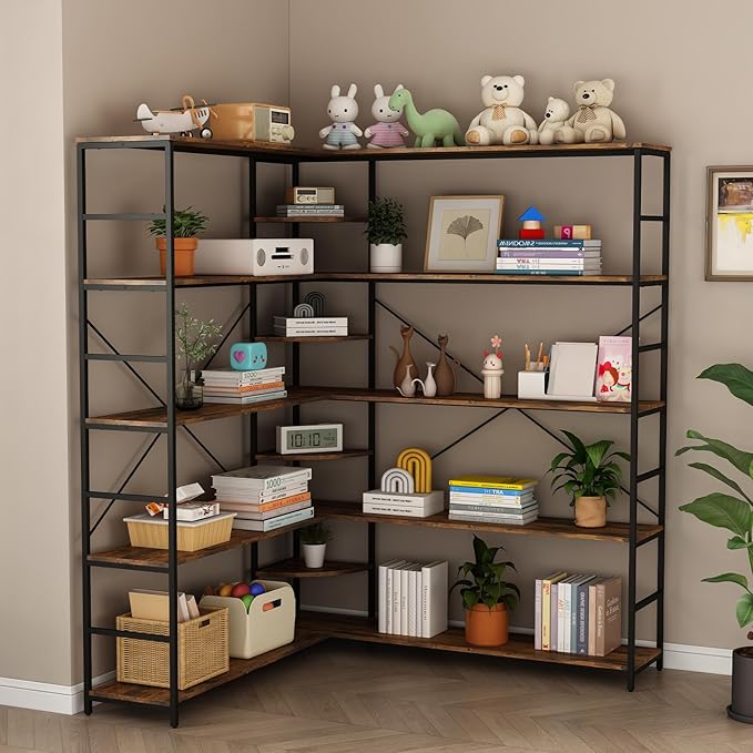 L Shaped Corner Bookshelf, 5 Tier Industrial Corner Shelf, Modenr Open Tall Bookcase with Curved Panel, Storage Display Shelf for Bedroom, Living Room & Home Office, Vintag