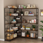 L Shaped Corner Bookshelf, 5 Tier Industrial Corner Shelf, Modenr Open Tall Bookcase with Curved Panel, Storage Display Shelf for Bedroom, Living Room & Home Office, Vintag