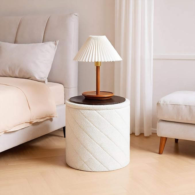 17" Foldable Boucle Round Storage Ottoman,Space-Saving Footrest/Seating/Coffee Table for Small Apartments,Dorms & Bedrooms-White