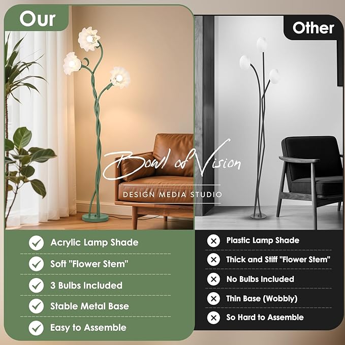 Floor Lamp for Living Room, 3 Lights Green Flower Lamp, Modern Tall Standing Lamp with 3 Color Temperatures Flexible Gooseneck, Mid Century Vintage Tree Floor Lamp for Bedroom Office