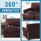H.VERSAILTEX Sofa Cover 3 Piece T Cushion Loveseat Slipcovers Thick Velvet Couch Cover Furniture Protector Stretch T Cushion Sofa Covers for 2 Cushion Couch with 2 T Cushion Covers Washable, Brown